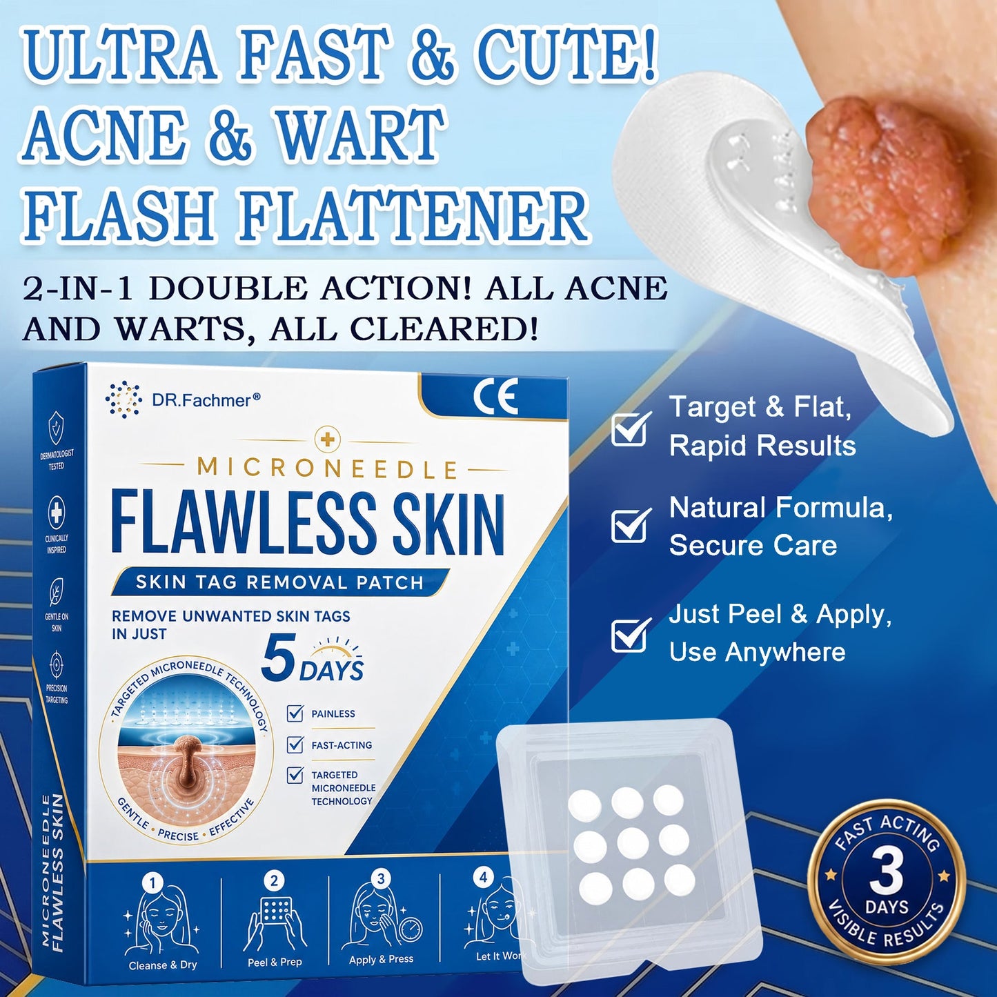 ✅ DR.Fachmer® 2-in-1 Microneedle & Hydrocolloid Patch | Raised Moles,Acne,  Flat Warts & Skin Tags Remover | Improves Wrinkles, Scars & Blemishes | Invisible Pimple Patches for Face & Body
