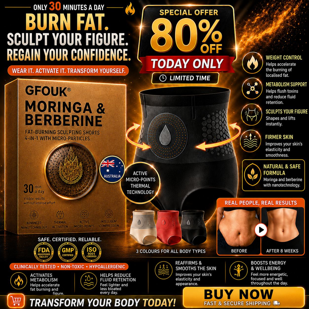 🔥🔥 GFOUK® 2026 Black Gold Luxury Edition | ⚡️ 4-in-1 Fat-Burning Shapewear Shorts with Moringa, Berberine & Sculpting Micro-Particle Technology
